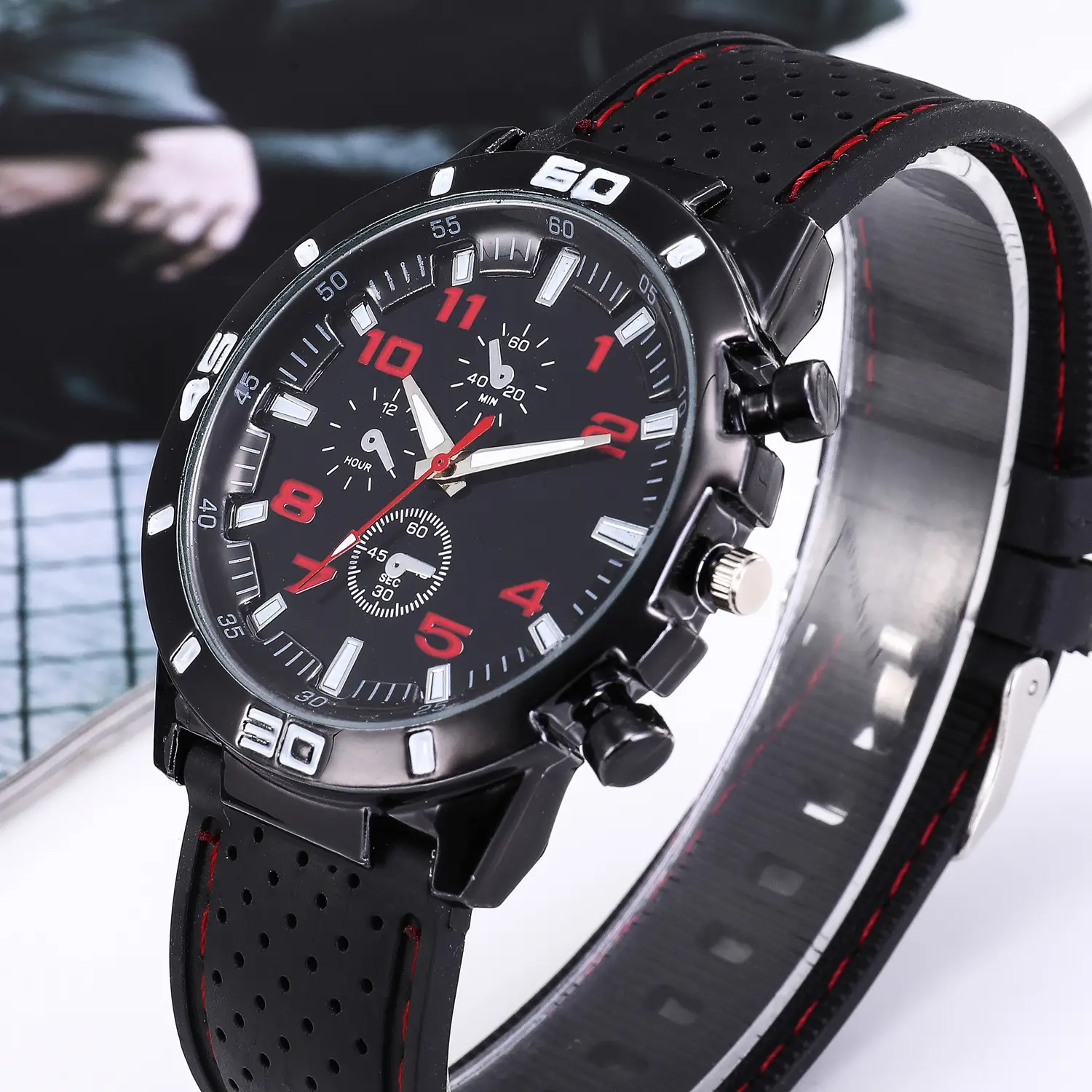 Men's Black Chronograph Silicone Strap Watch with Red Accents — feature 4
