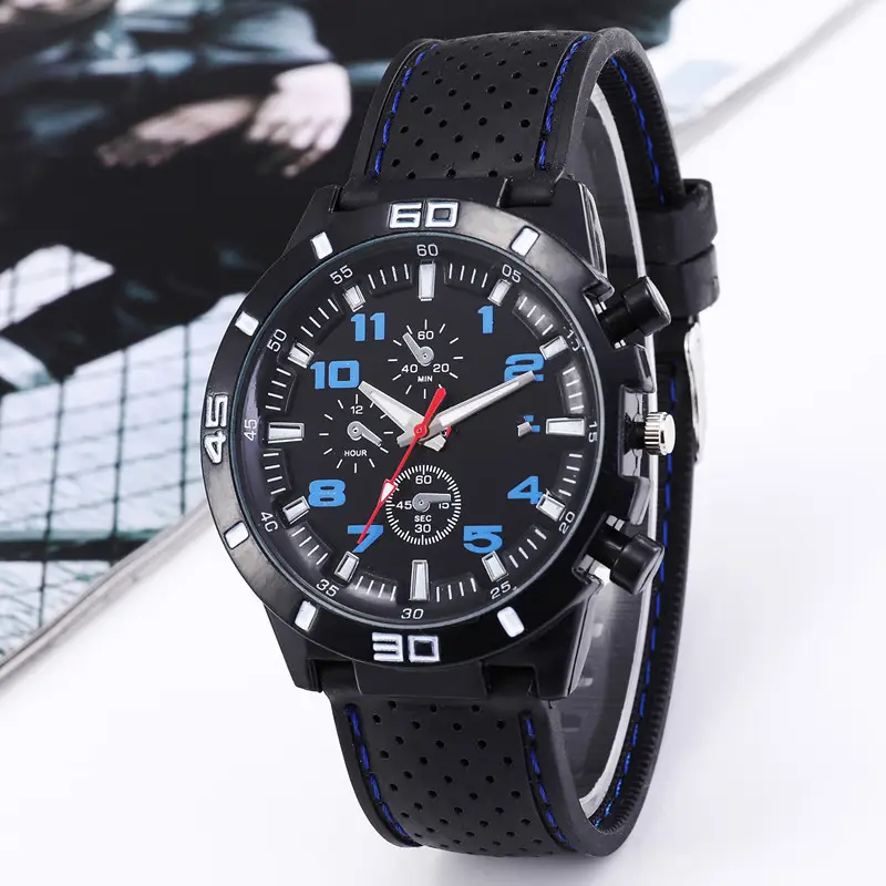 Men's Black Chronograph Silicone Strap Watch with Red Accents — feature 5