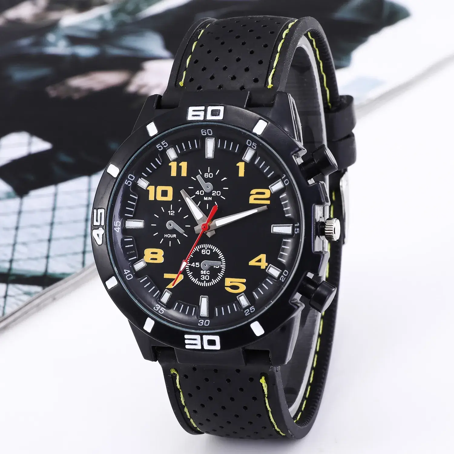 Men's Black Chronograph Silicone Strap Watch with Red Accents - Image 2