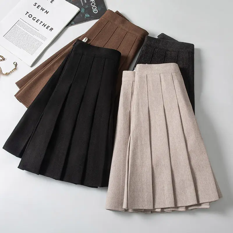 Women's Black Wool Pleated Long Skirt Large Size