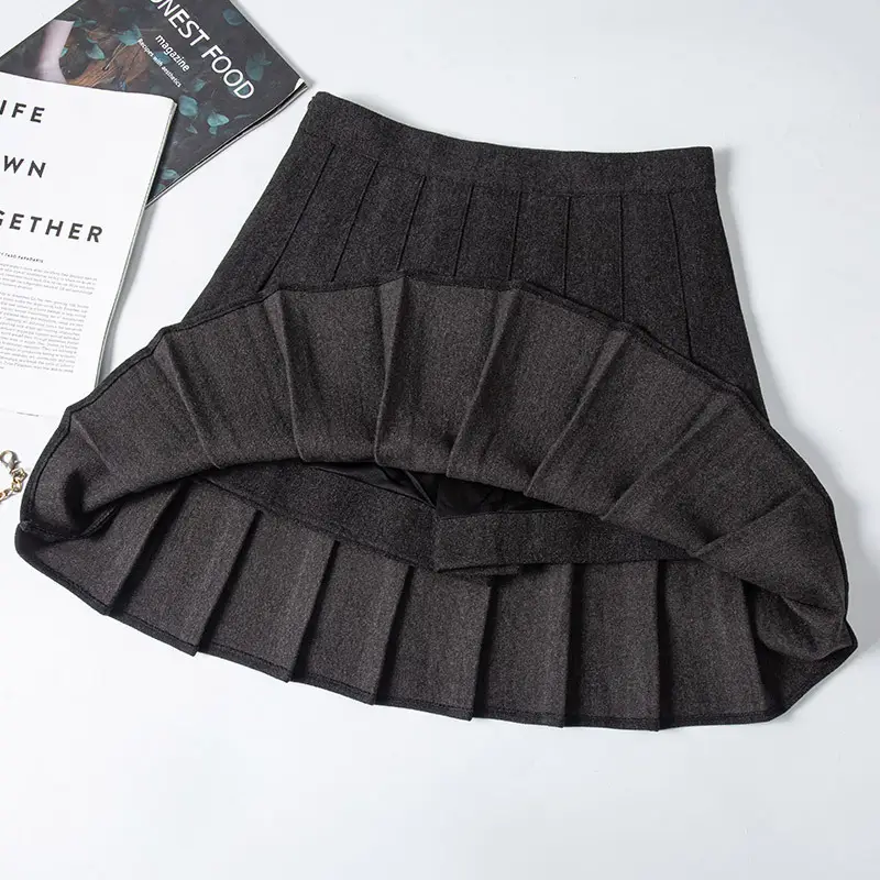 Women's Black Wool Pleated Long Skirt Large Size