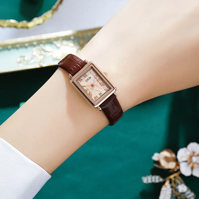 Goldie Lady Roman Square Plate Watch with Brown Belt - Image 7