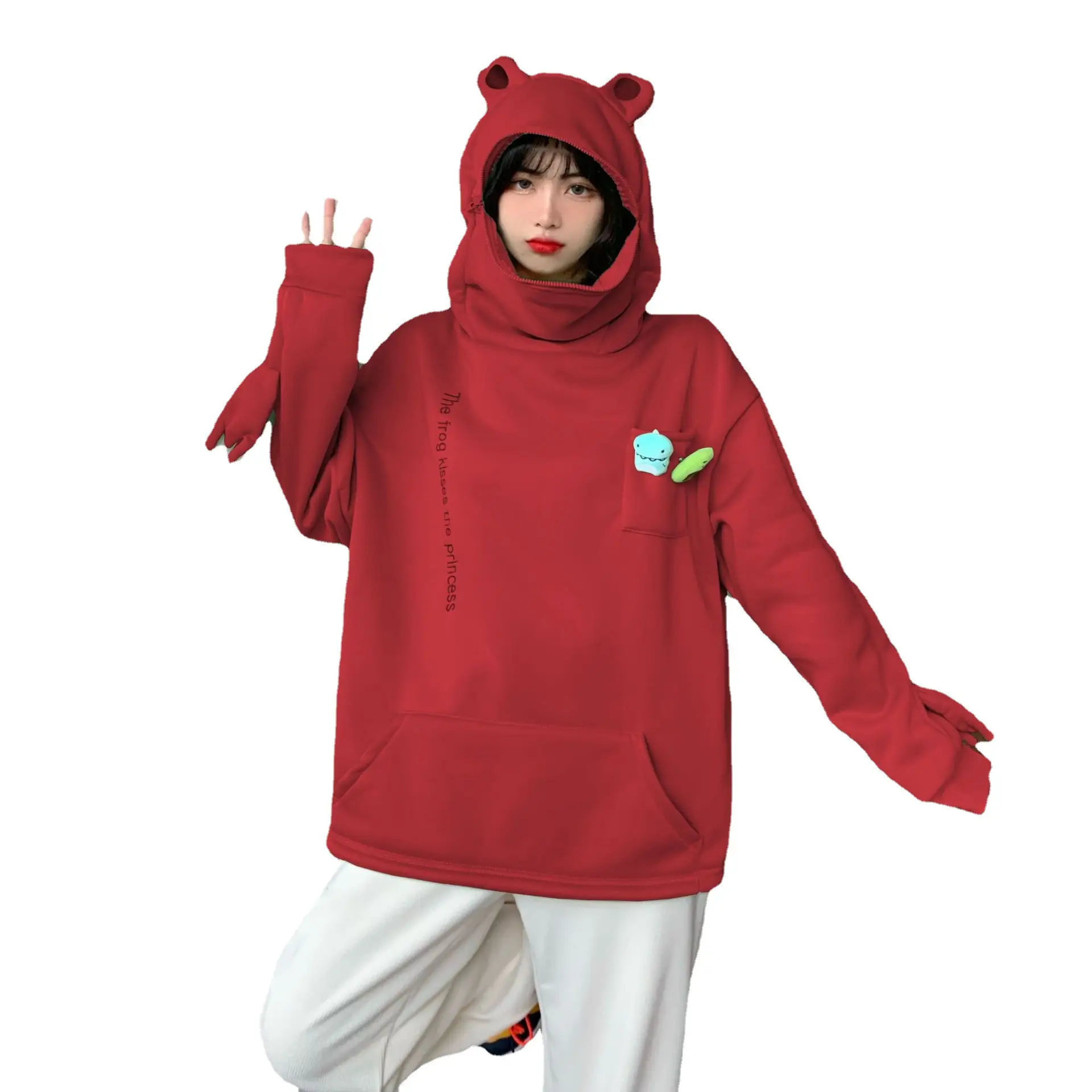 Green Frog Hooded Sweatshirt for Women Men Velvet Hooded Set - Image 8