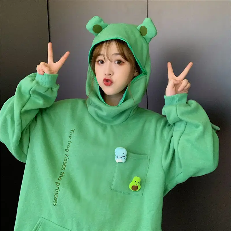 Green Frog Hooded Sweatshirt for Women Men Velvet Hooded Set - Image 2