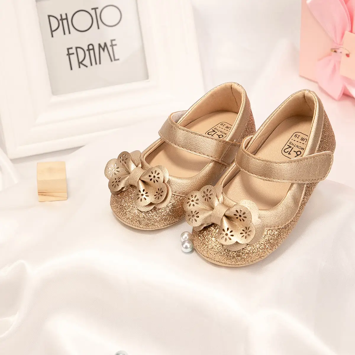 Gold Sequin Bow Toddler Shoes Non-Slip Soft Sole
