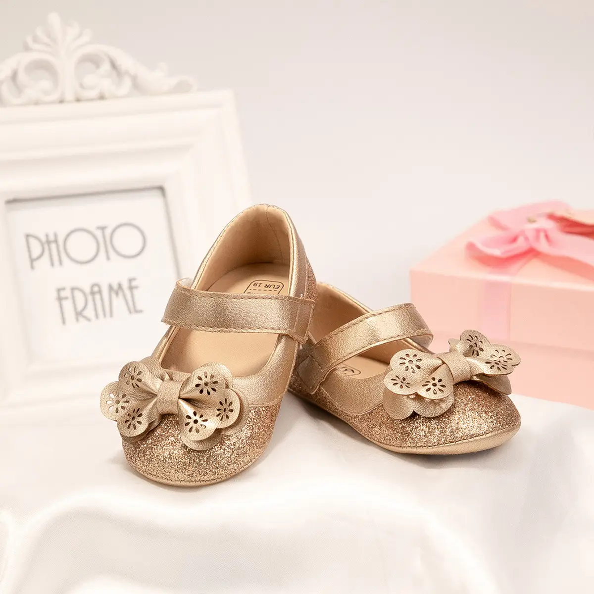 Gold Sequin Bow Toddler Shoes Non-Slip Soft Sole