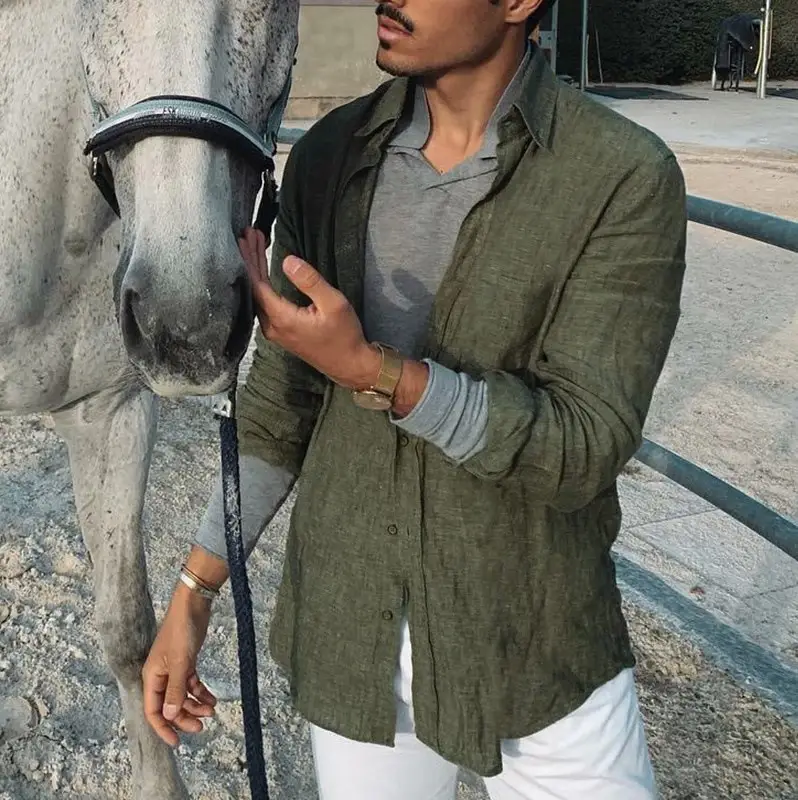 Men's Long Sleeve Button Down Shirt with Turn Down Collar Olive Green