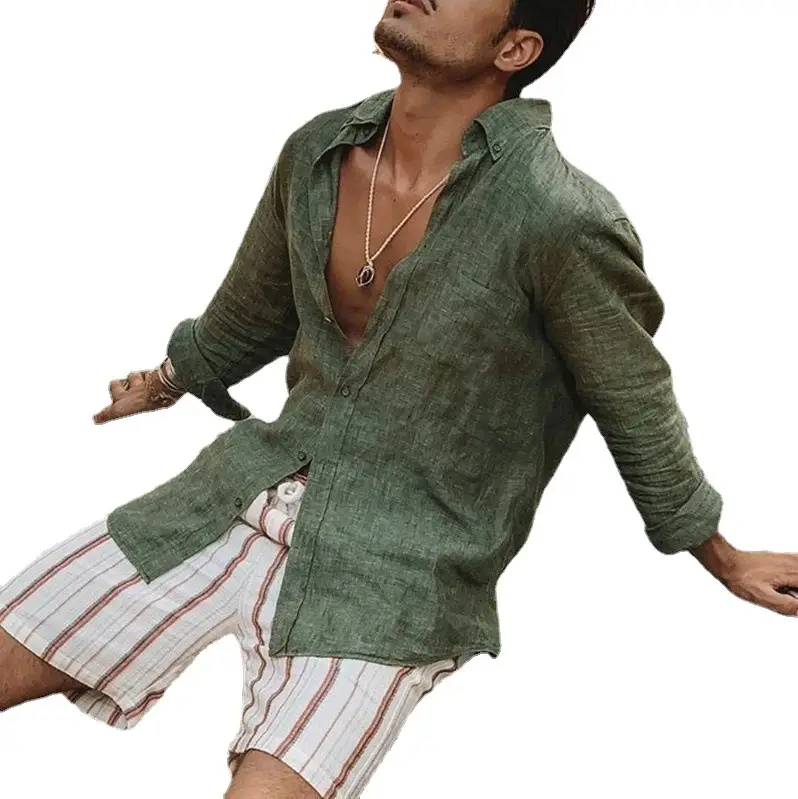 Men's Long Sleeve Button Down Shirt with Turn Down Collar Olive Green