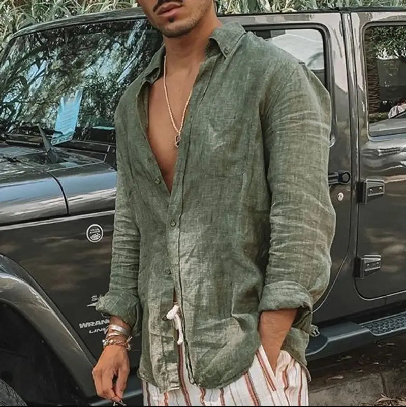 Men's Long Sleeve Button Down Shirt with Turn Down Collar Olive Green