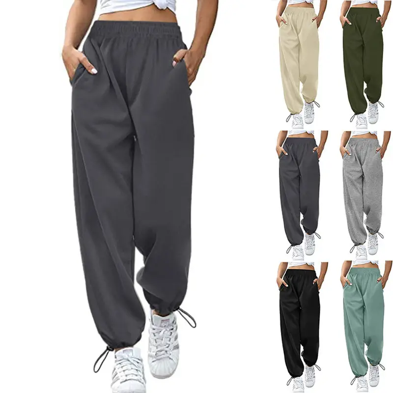 Women's Gray Drawstring Leggings Loose Fit Wide Leg Casual Pants - Image 7
