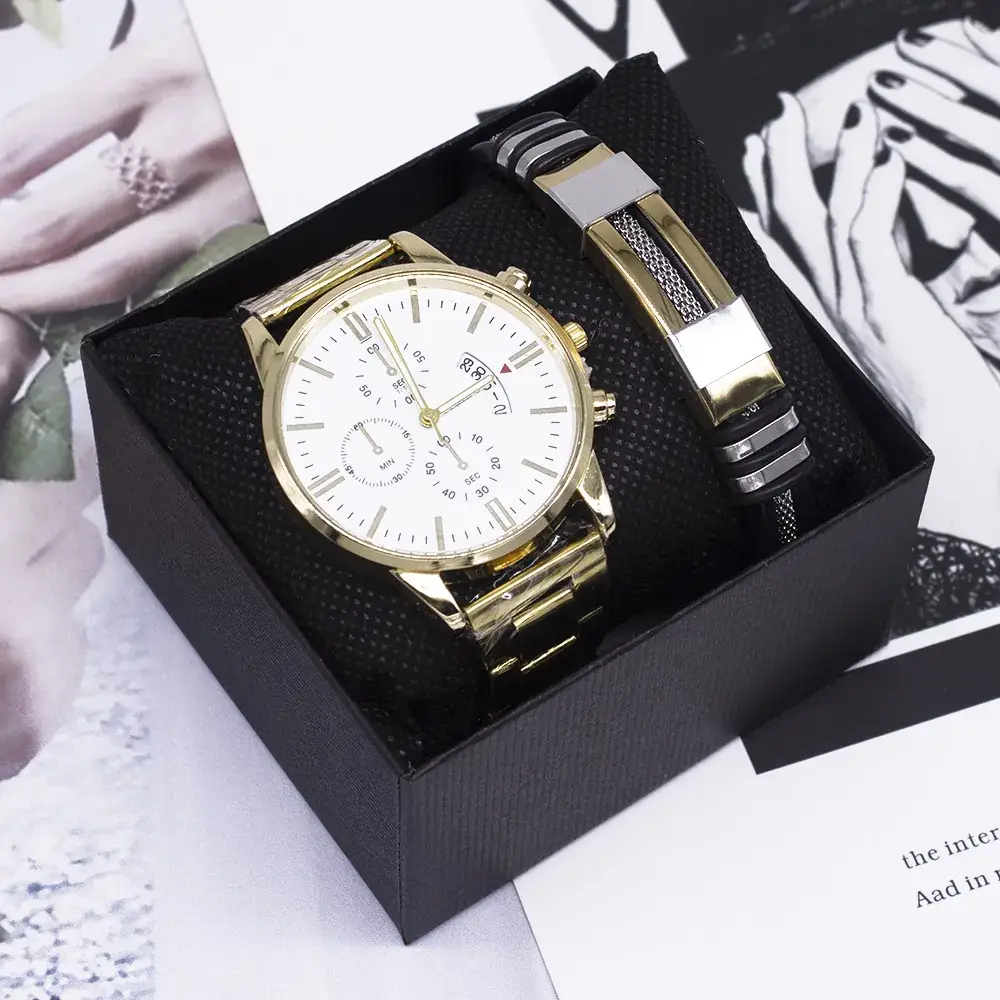 Men's Gold White Chronograph Watch with Two Bracelets