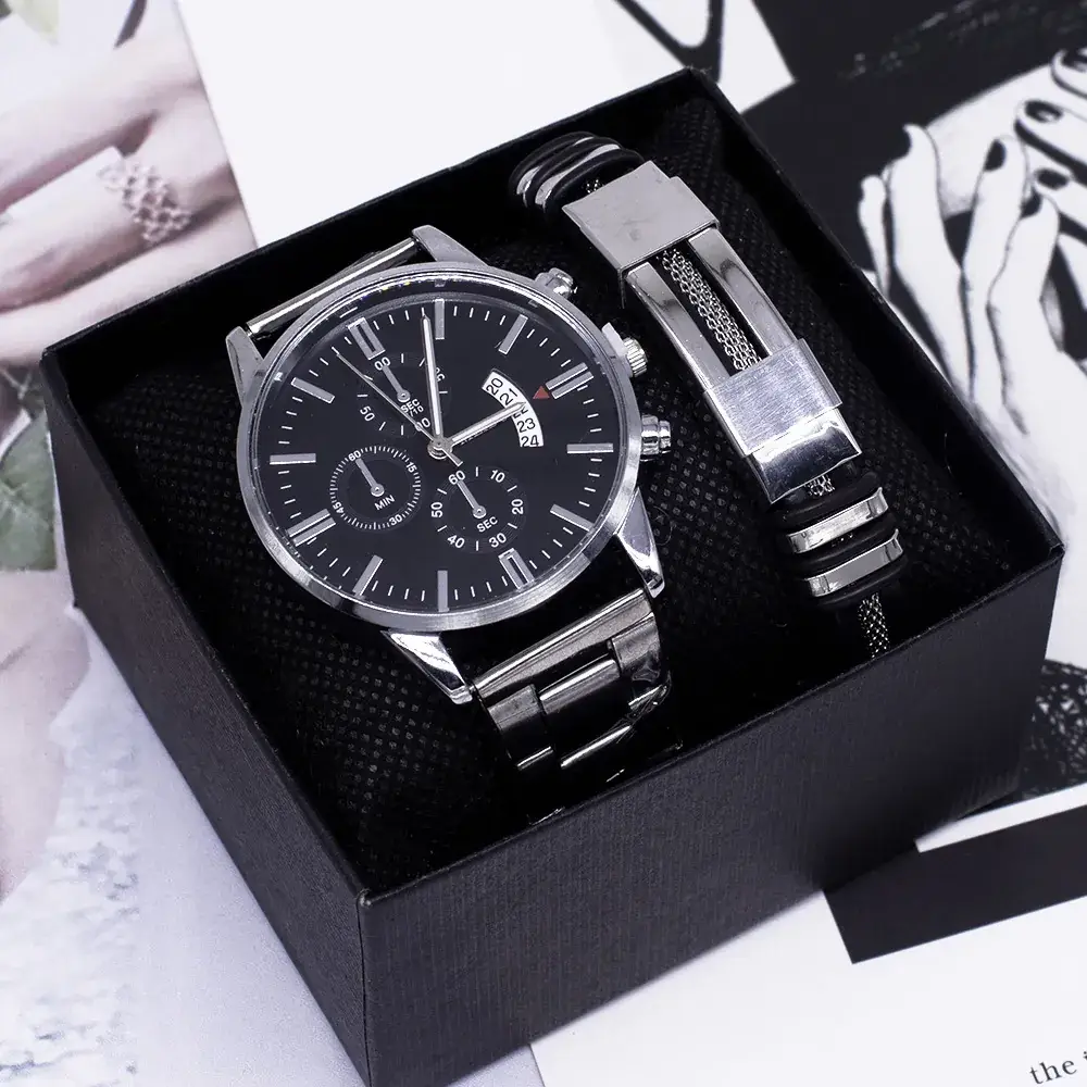 Men's Gold White Chronograph Watch with Two Bracelets