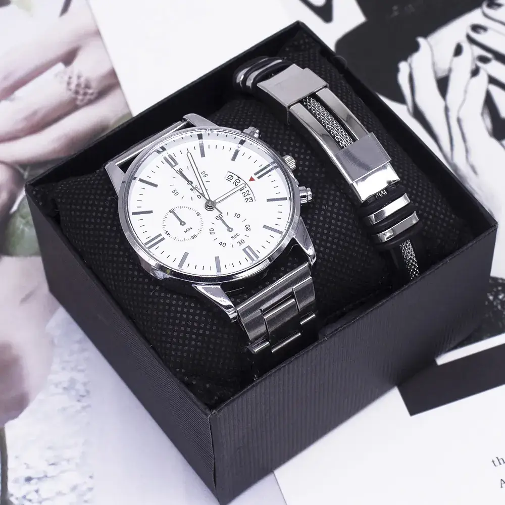 Men's Gold White Chronograph Watch with Two Bracelets