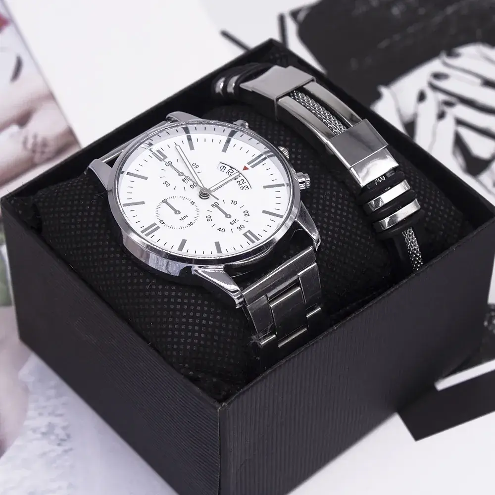 Men's Gold White Chronograph Watch with Two Bracelets