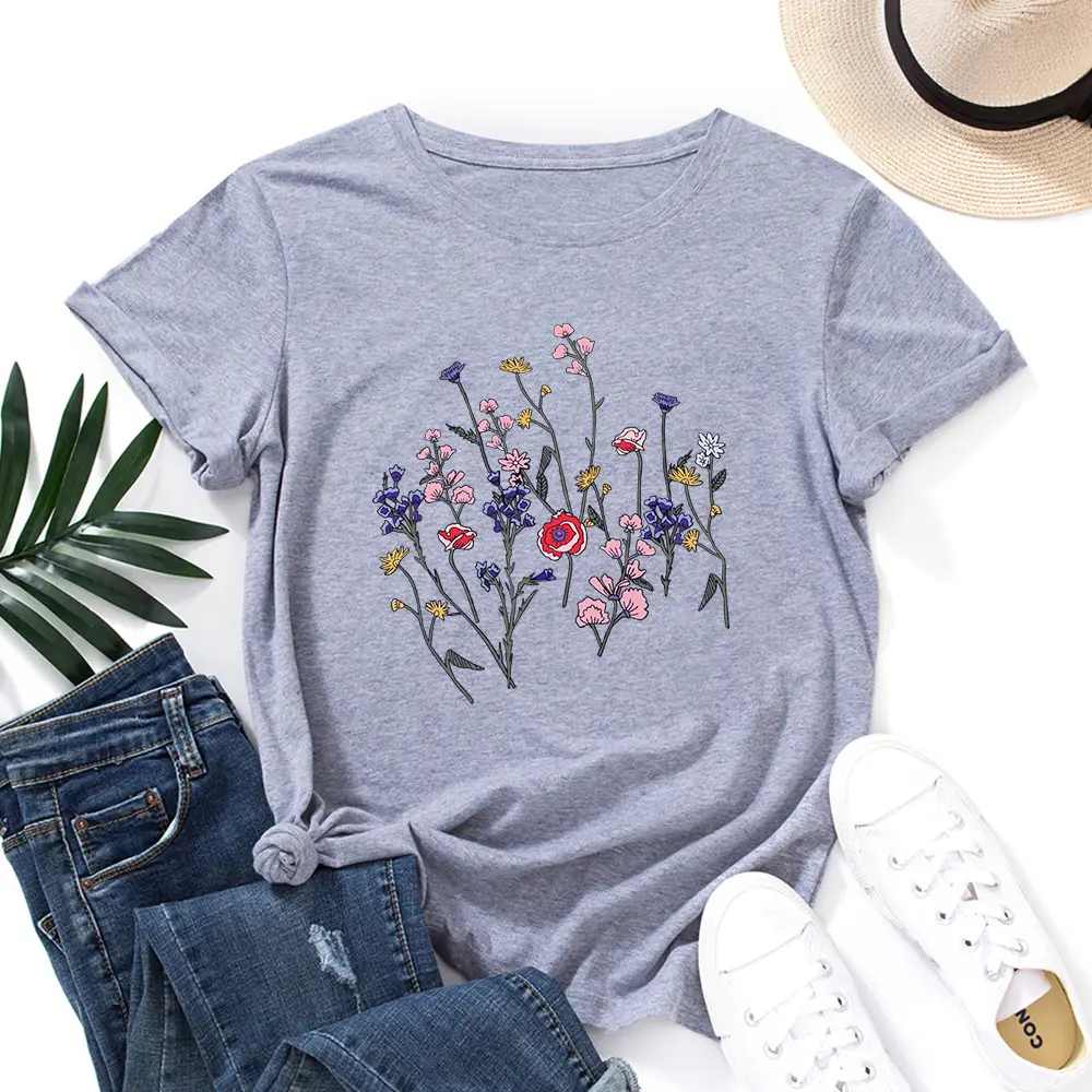 Women Black Floral Round Neck T-Shirt Short Sleeve - Image 10