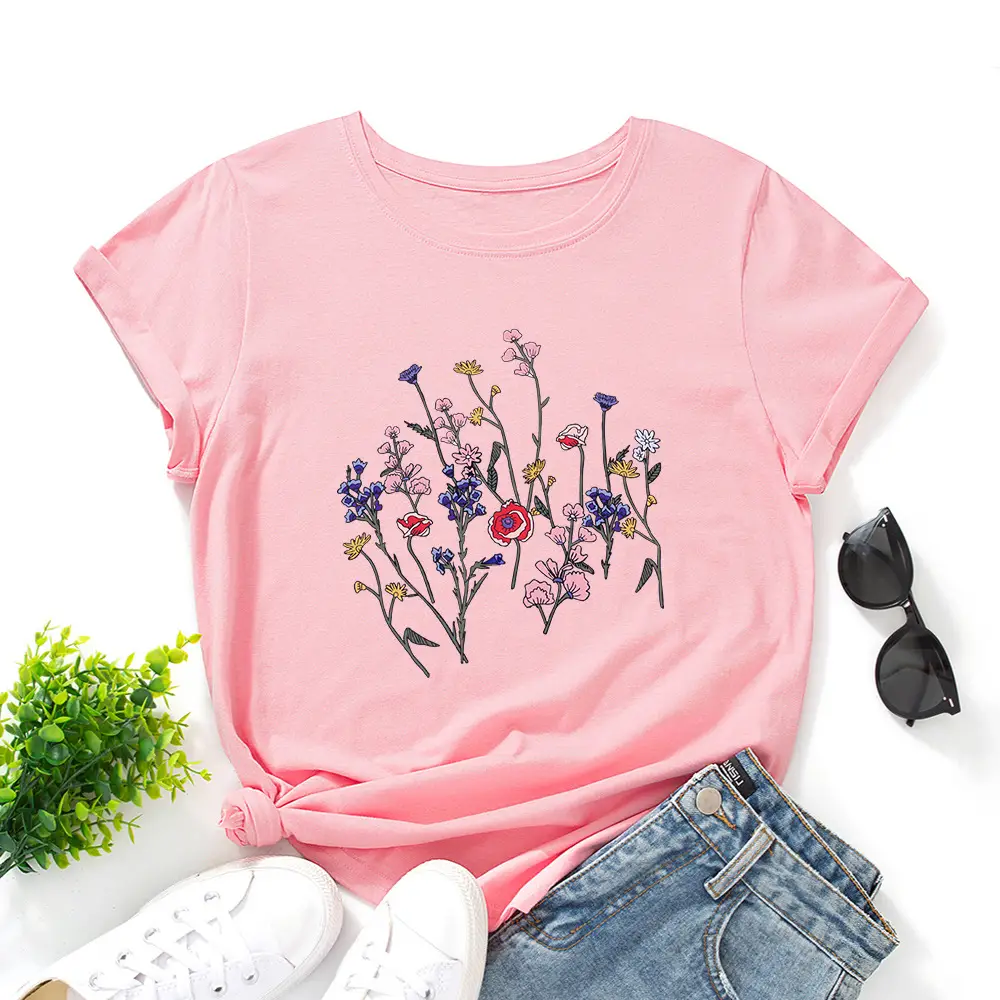 Women Black Floral Round Neck T-Shirt Short Sleeve - Image 5