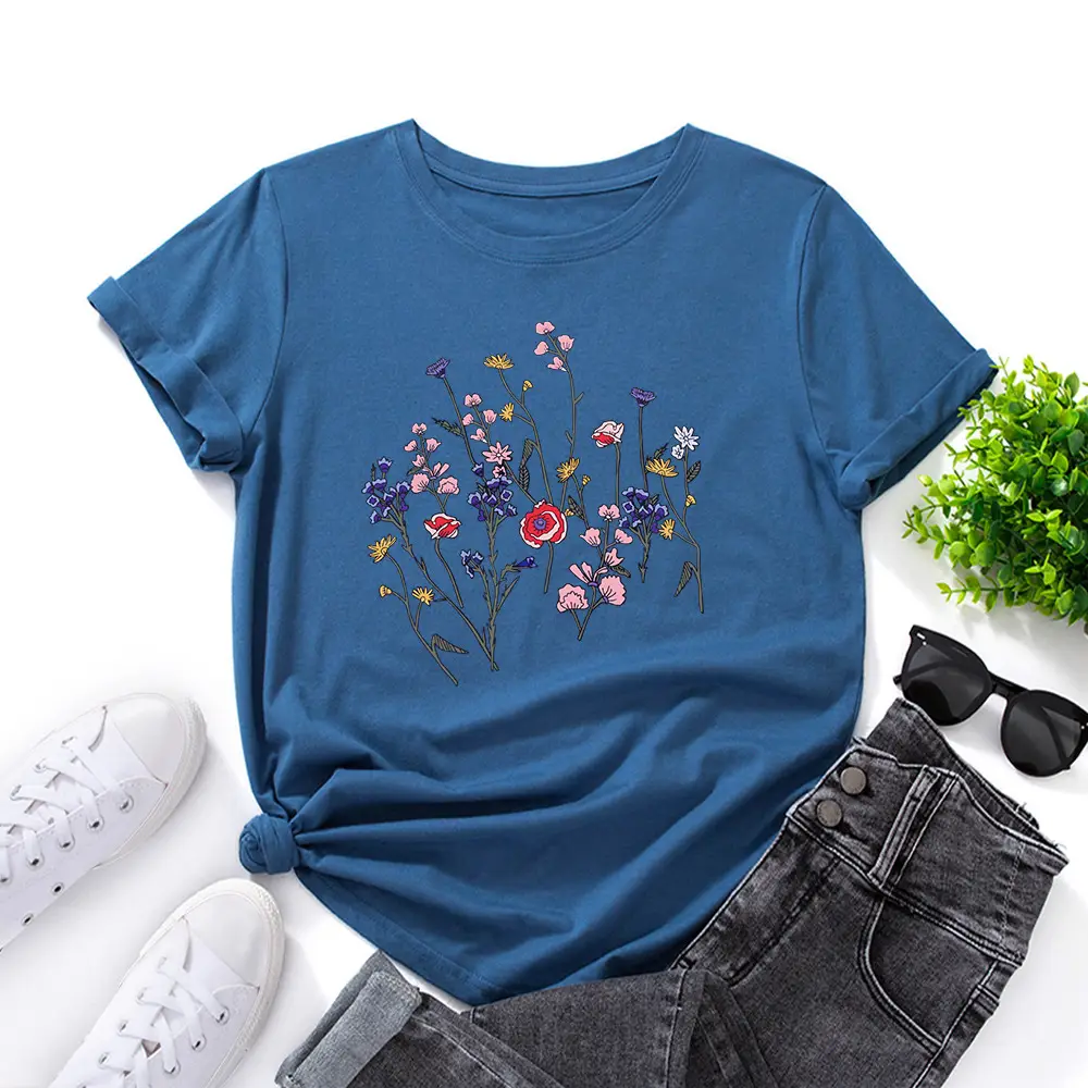 Women Black Floral Round Neck T-Shirt Short Sleeve - Image 6