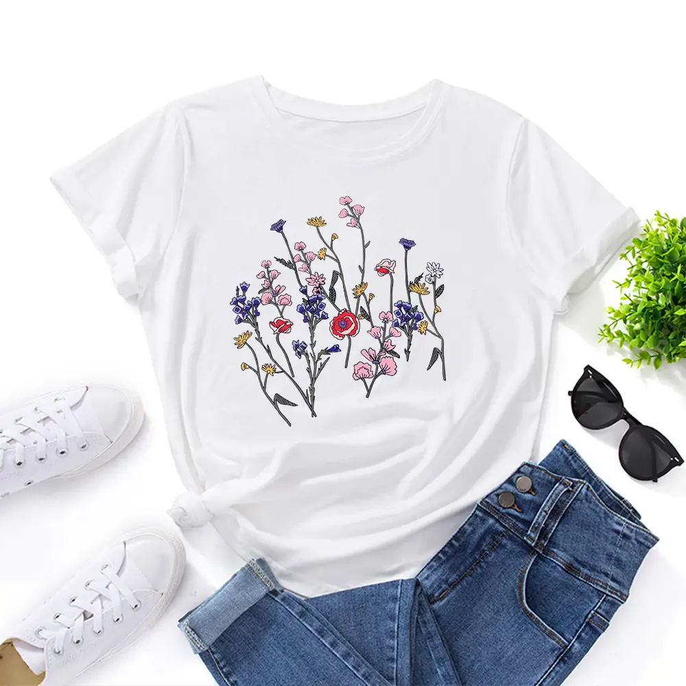 Women Black Floral Round Neck T-Shirt Short Sleeve - Image 4