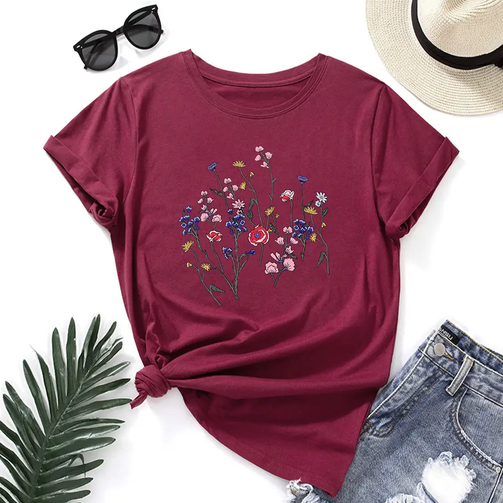 Women Black Floral Round Neck T-Shirt Short Sleeve - Image 12