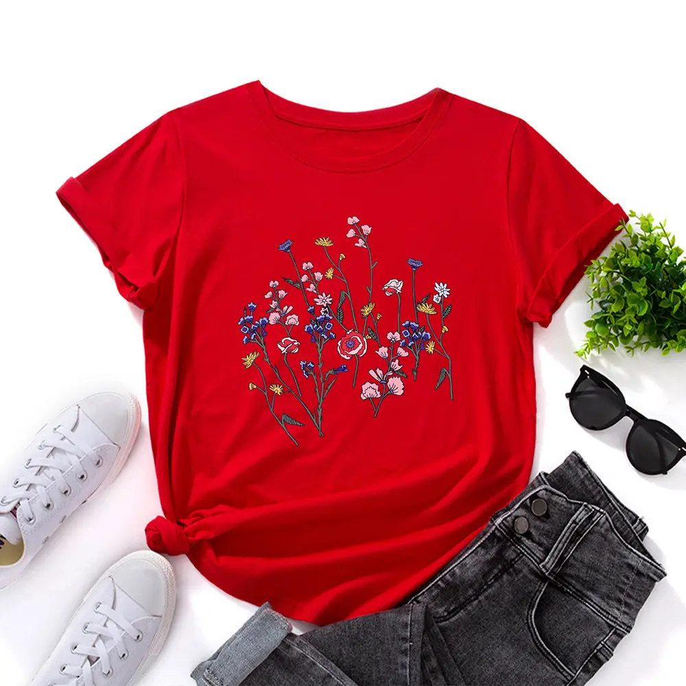 Women Black Floral Round Neck T-Shirt Short Sleeve - Image 2
