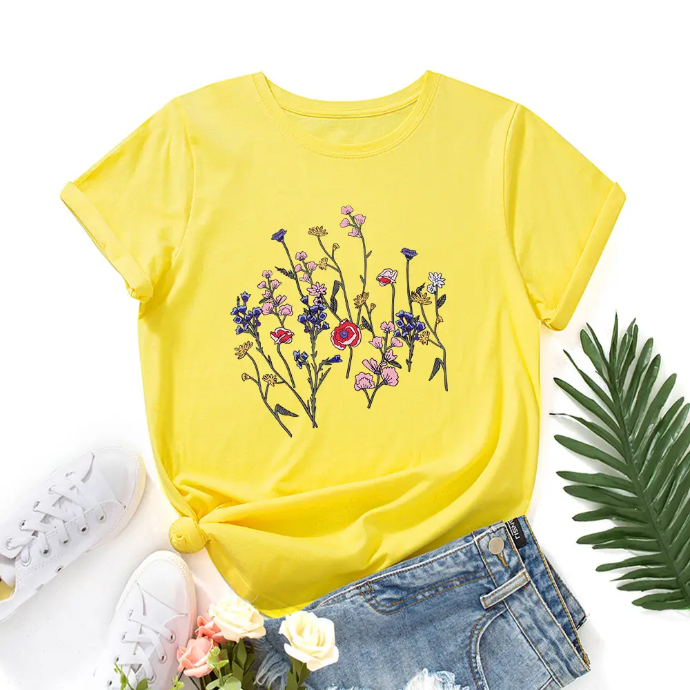 Women Black Floral Round Neck T-Shirt Short Sleeve - Image 3