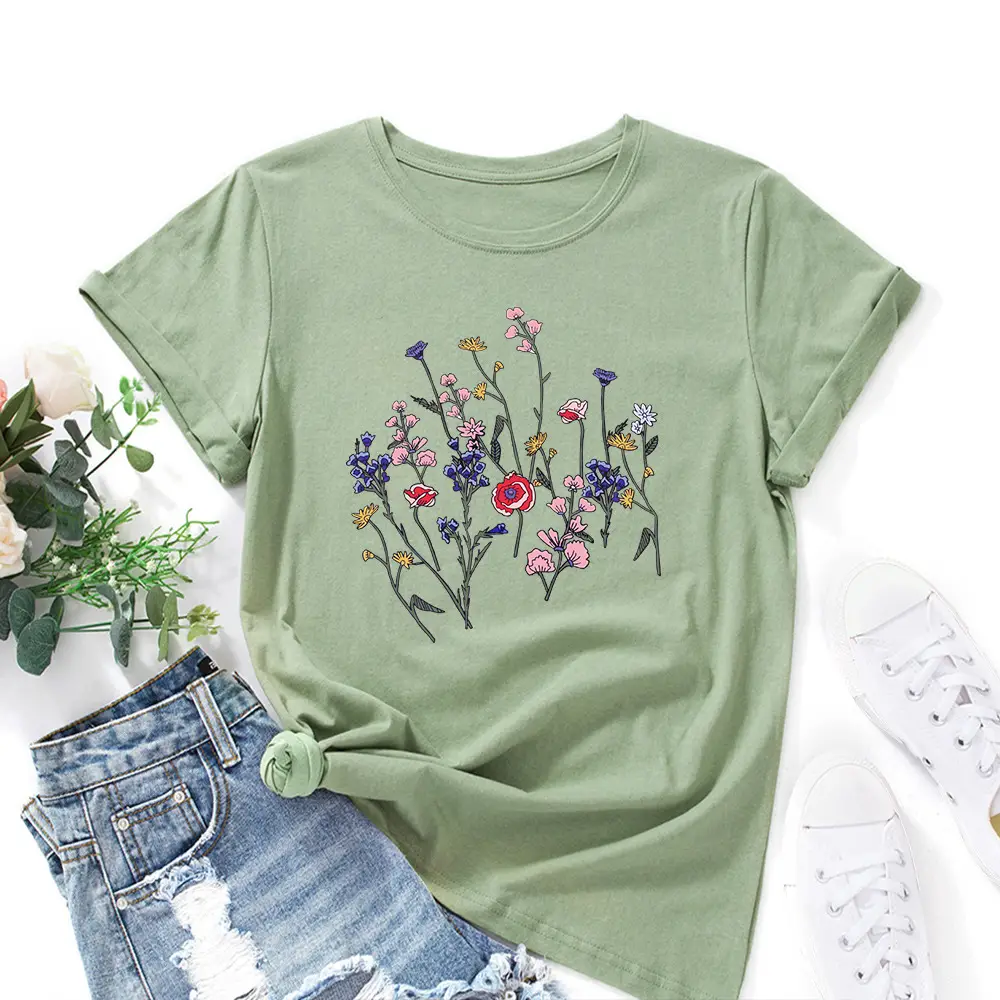 Women Black Floral Round Neck T-Shirt Short Sleeve - Image 9