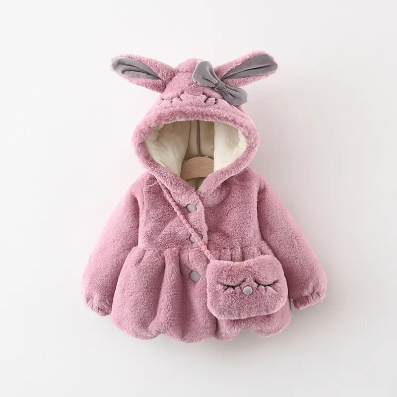 Pink Bunny Hooded Coat for Girls Winter Wear - Image 2