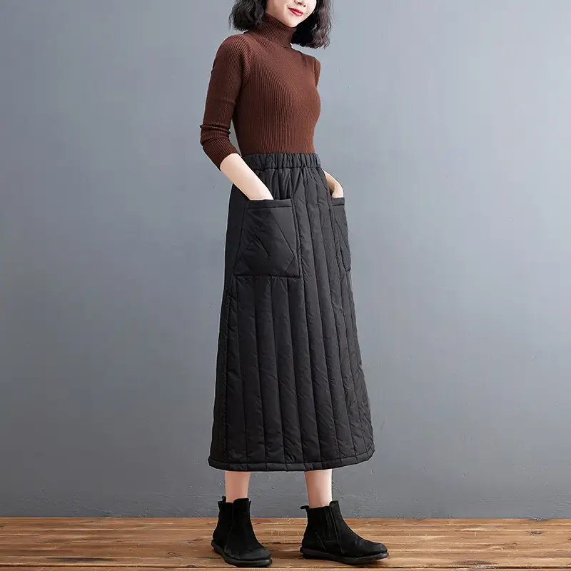 Autumn Winter Warm Solid Skirt Elastic Waist Large Pocket