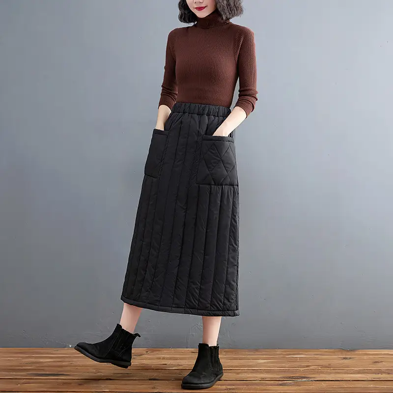 Autumn Winter Warm Solid Skirt Elastic Waist Large Pocket