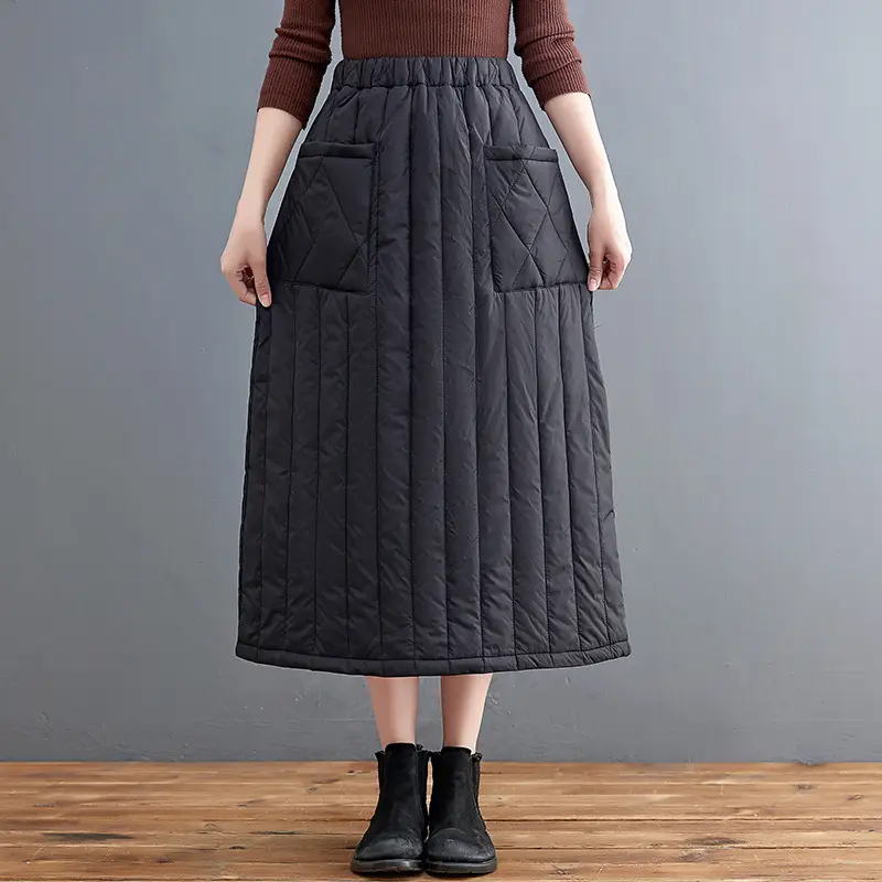 Autumn Winter Warm Solid Skirt Elastic Waist Large Pocket
