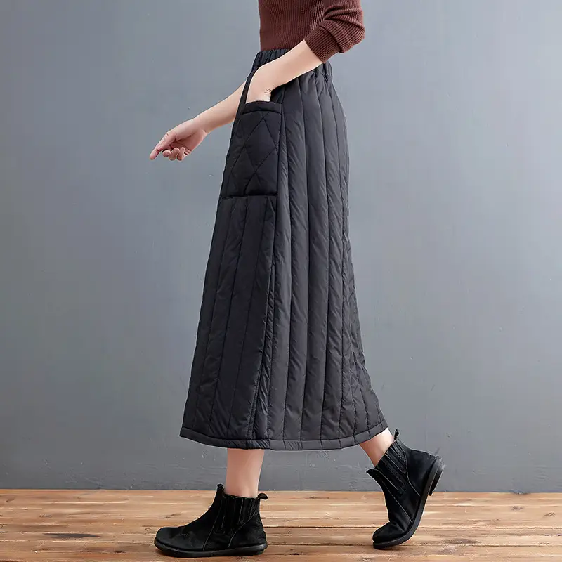 Autumn Winter Warm Solid Skirt Elastic Waist Large Pocket