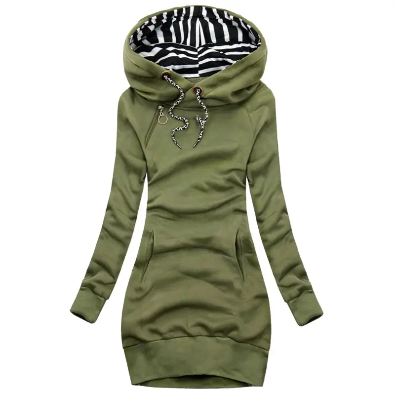Women's Olive Green Hooded Sweatshirt Set Slim Fit Casual Winter Wear - Image 3