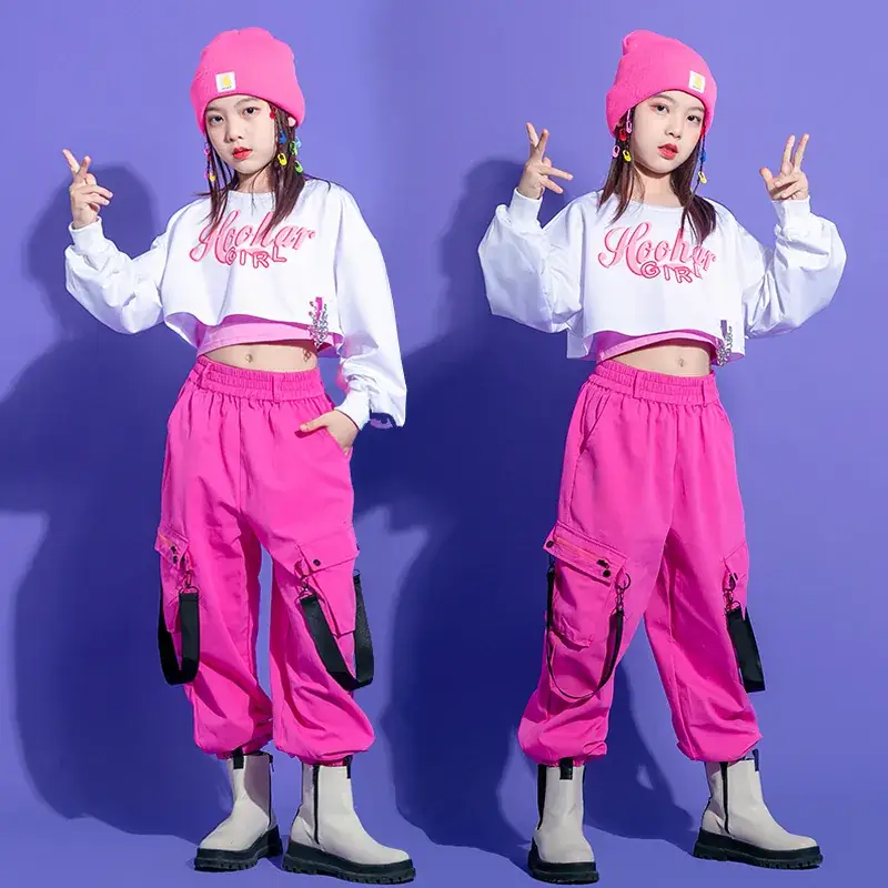 Girls Jazz Dance Costume Hiphop Hip Hop Suit Pink White