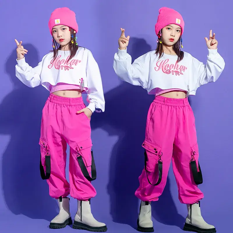 Girls Jazz Dance Costume Hiphop Hip Hop Suit Pink White