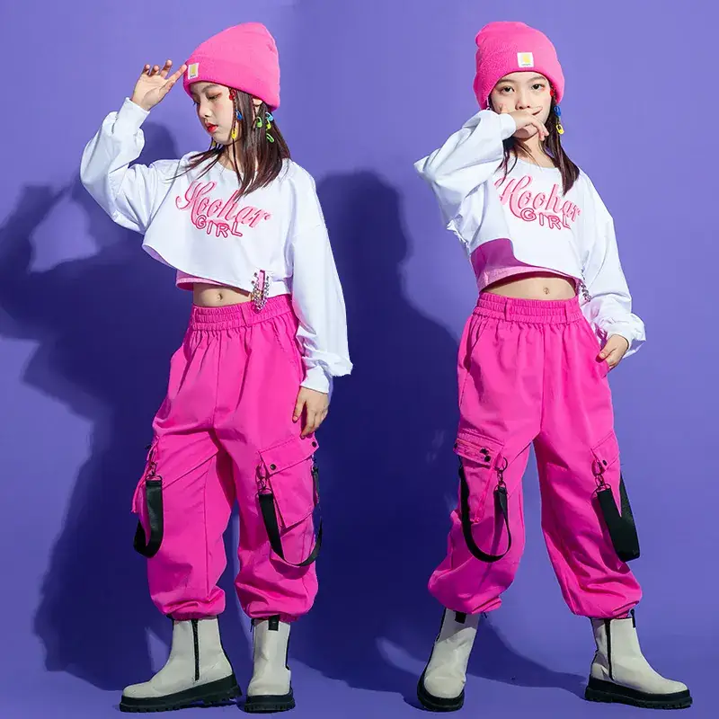 Girls Jazz Dance Costume Hiphop Hip Hop Suit Pink White