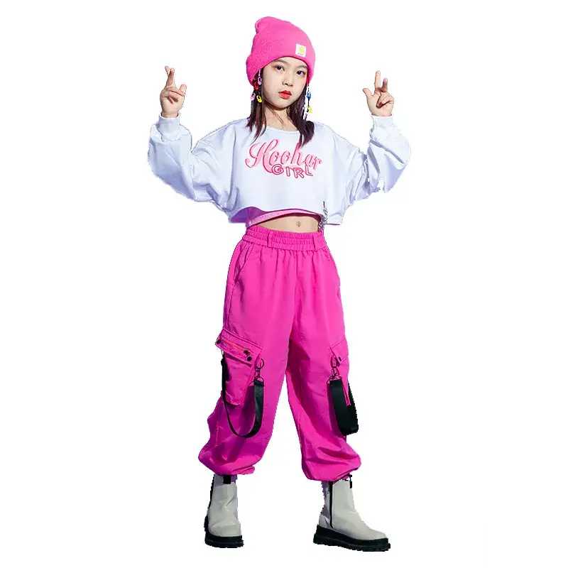 Girls Jazz Dance Costume Hiphop Hip Hop Suit Pink White