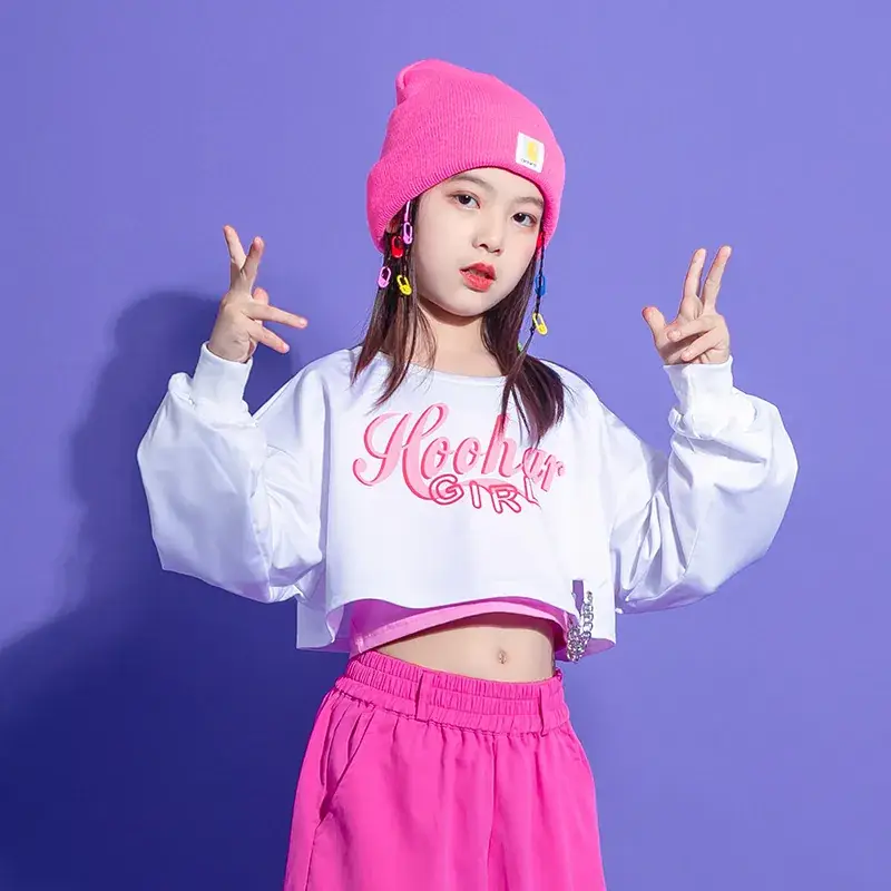 Girls Jazz Dance Costume Hiphop Hip Hop Suit Pink White