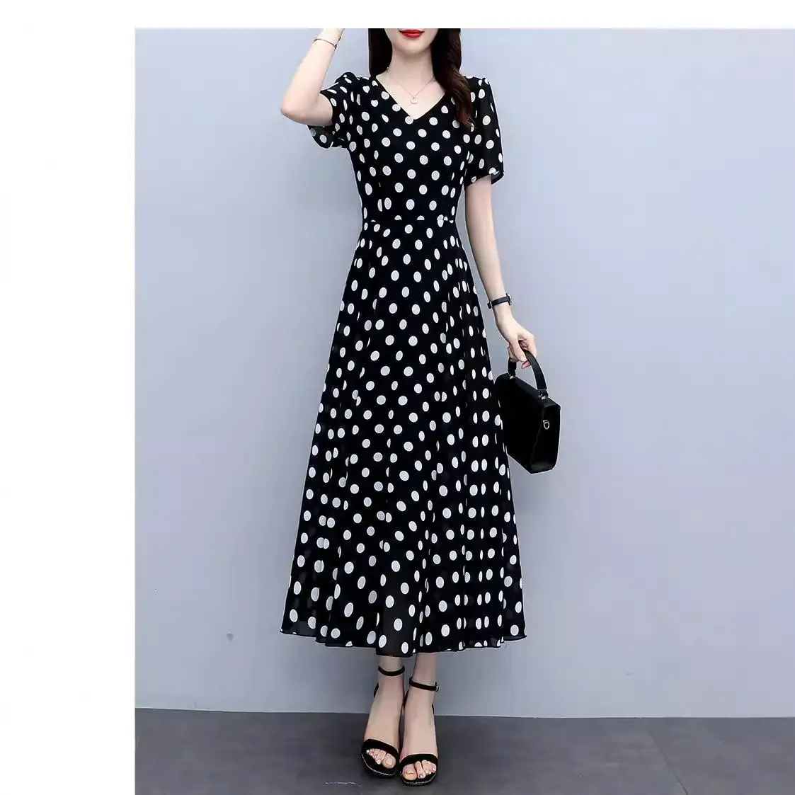 Women's Black Polka Dot Wave Point Midi Dress - Image 6