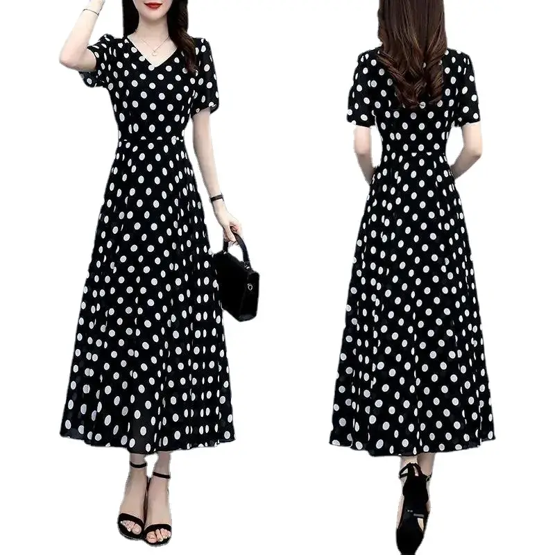 Women's Black Polka Dot Wave Point Midi Dress - Image 7