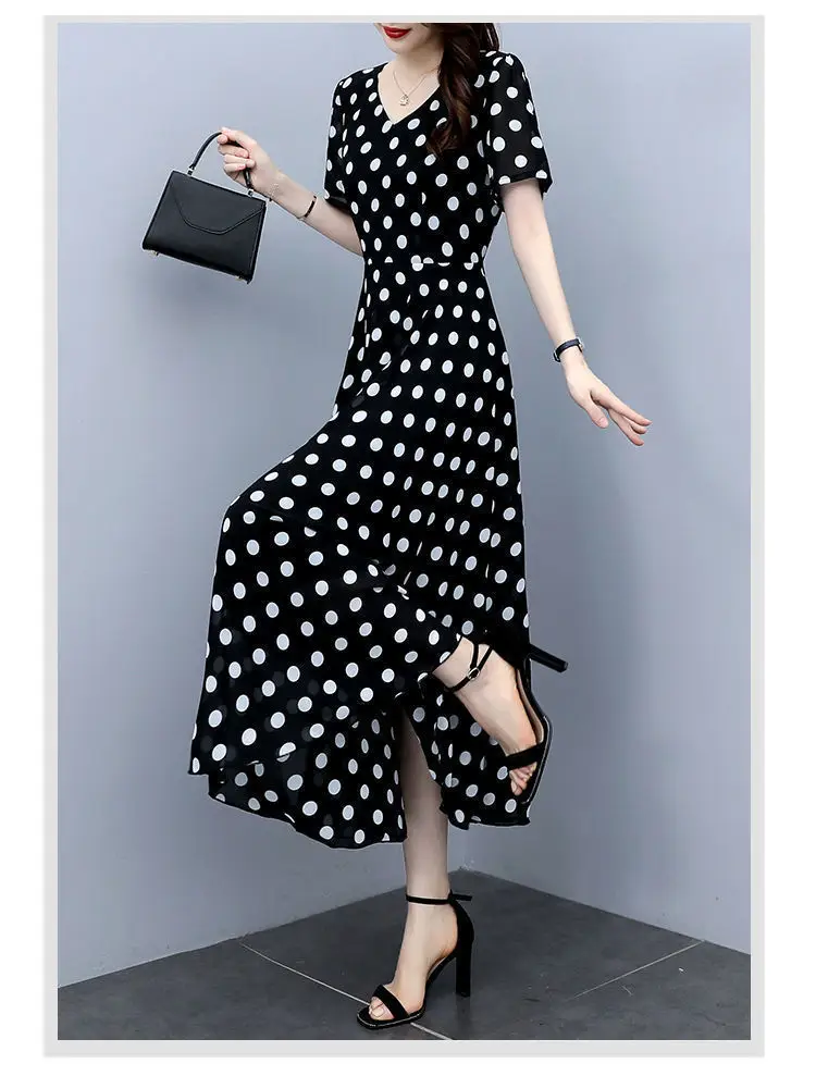 Women's Black Polka Dot Wave Point Midi Dress — feature 12