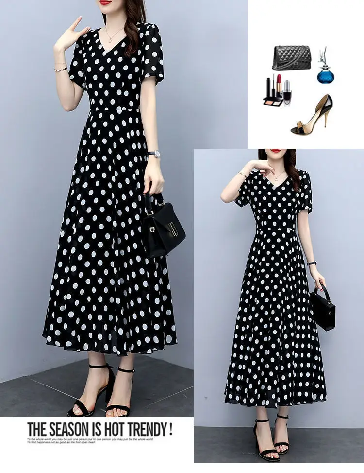 Women's Black Polka Dot Wave Point Midi Dress — feature 14