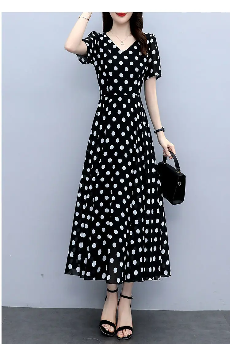 Women's Black Polka Dot Wave Point Midi Dress — feature 15