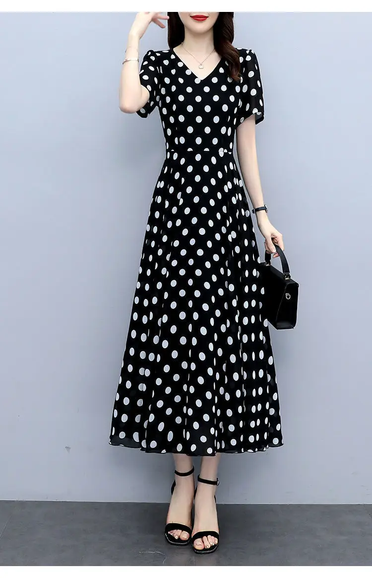 Women's Black Polka Dot Wave Point Midi Dress — feature 16