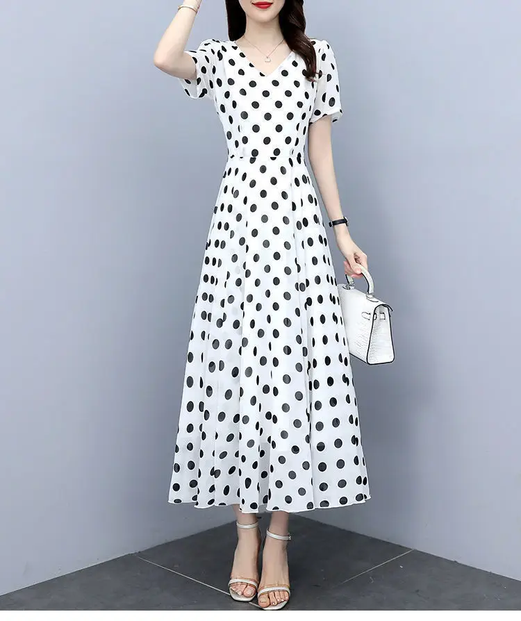 Women's Black Polka Dot Wave Point Midi Dress — feature 19
