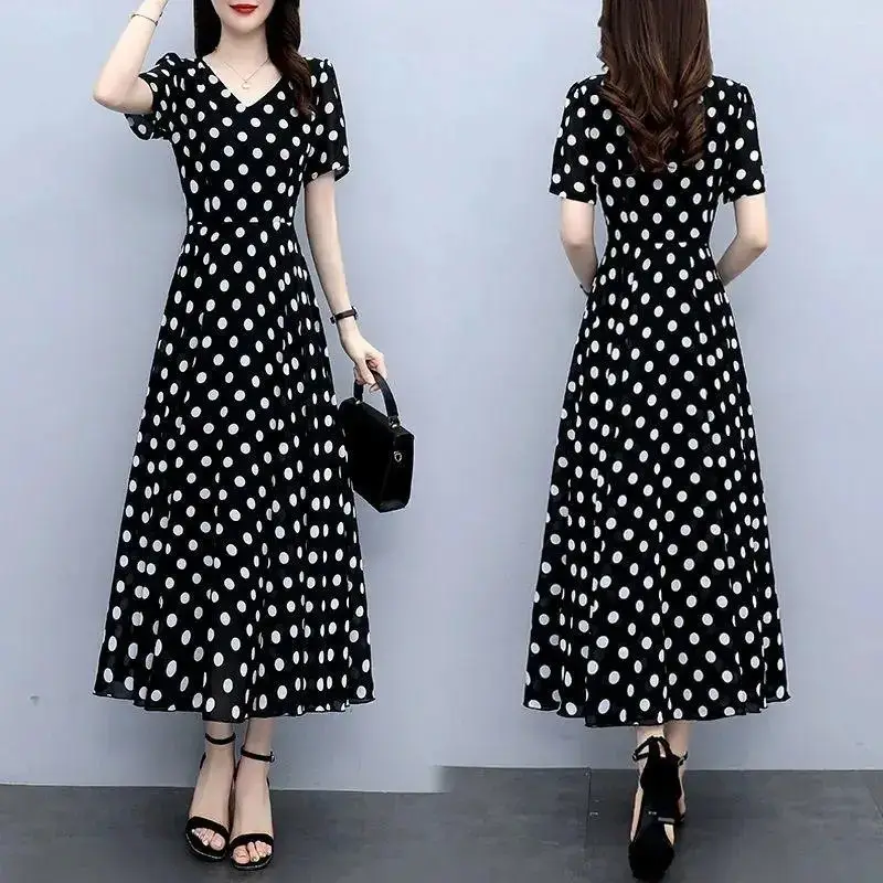 Women's Black Polka Dot Wave Point Midi Dress - Image 2
