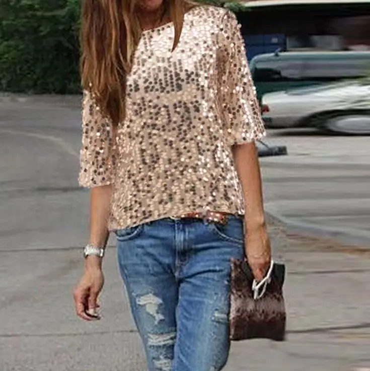 2023 Cross-Border Sequins T-Shirts Women Multi Color - Image 2