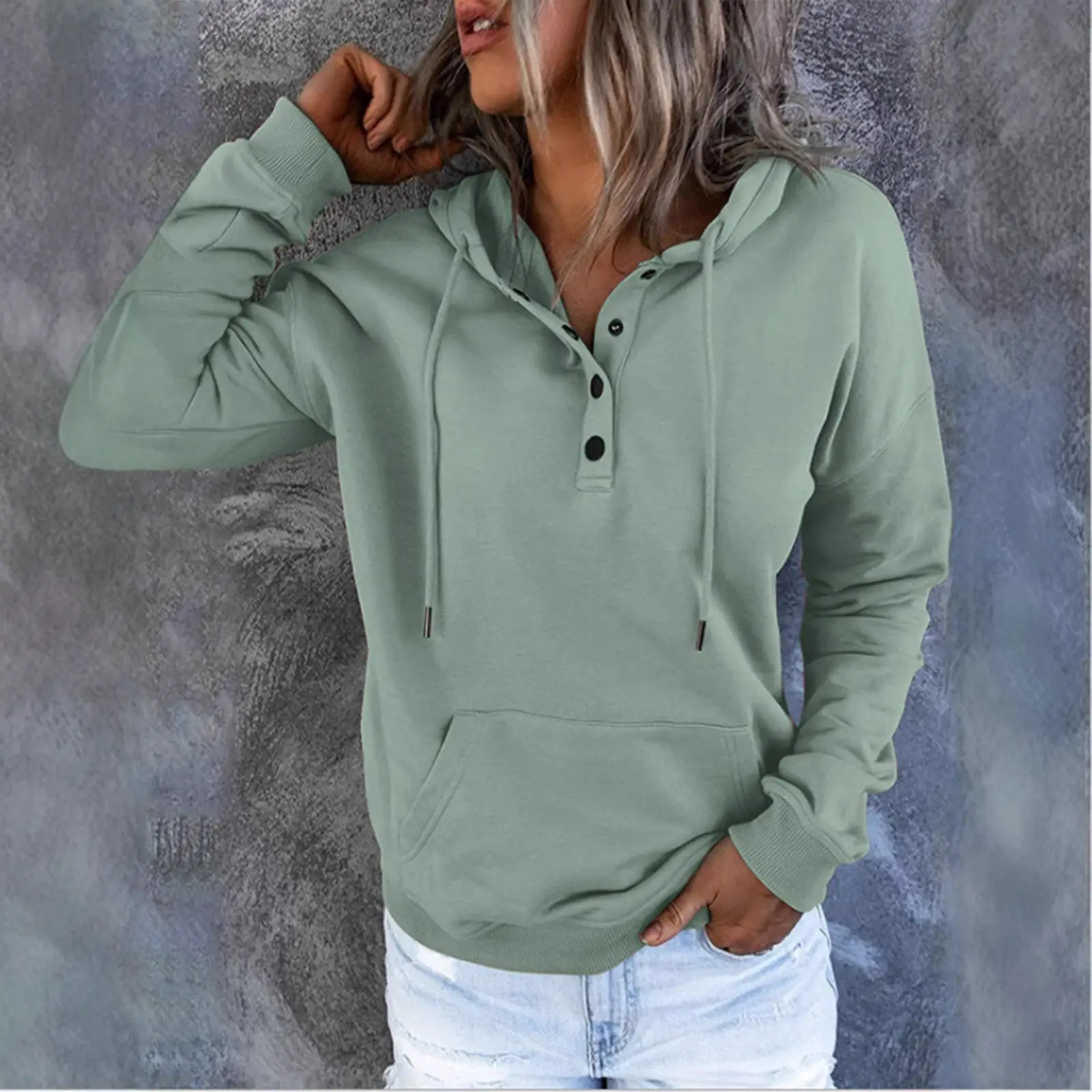 Women's Beige Hooded Pullover Sweater with Drawstring & Buckle