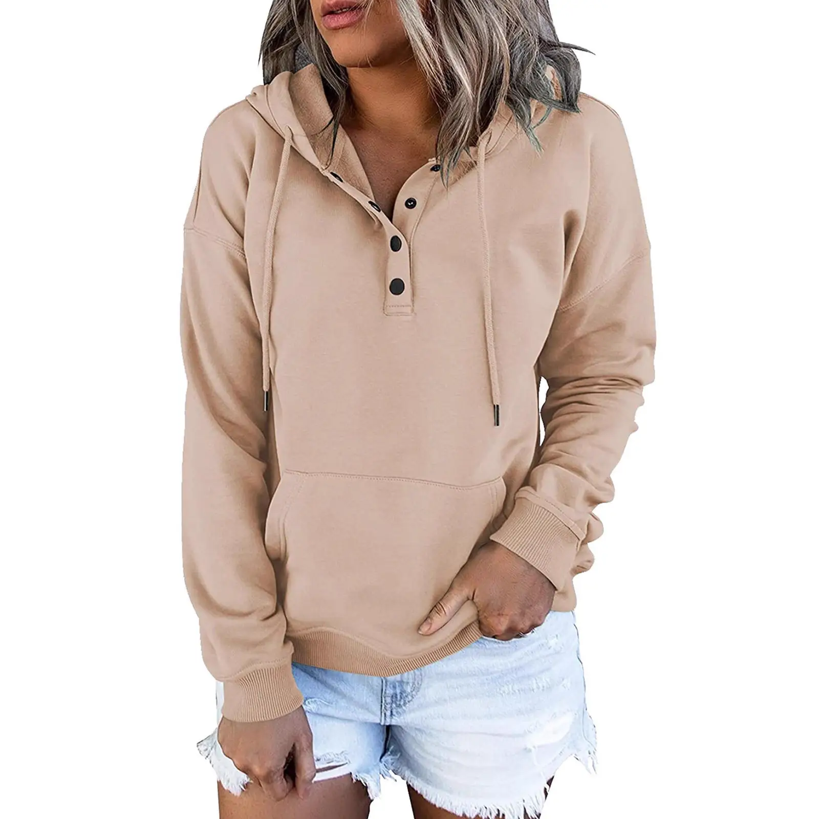 Women's Beige Hooded Pullover Sweater with Drawstring & Buckle