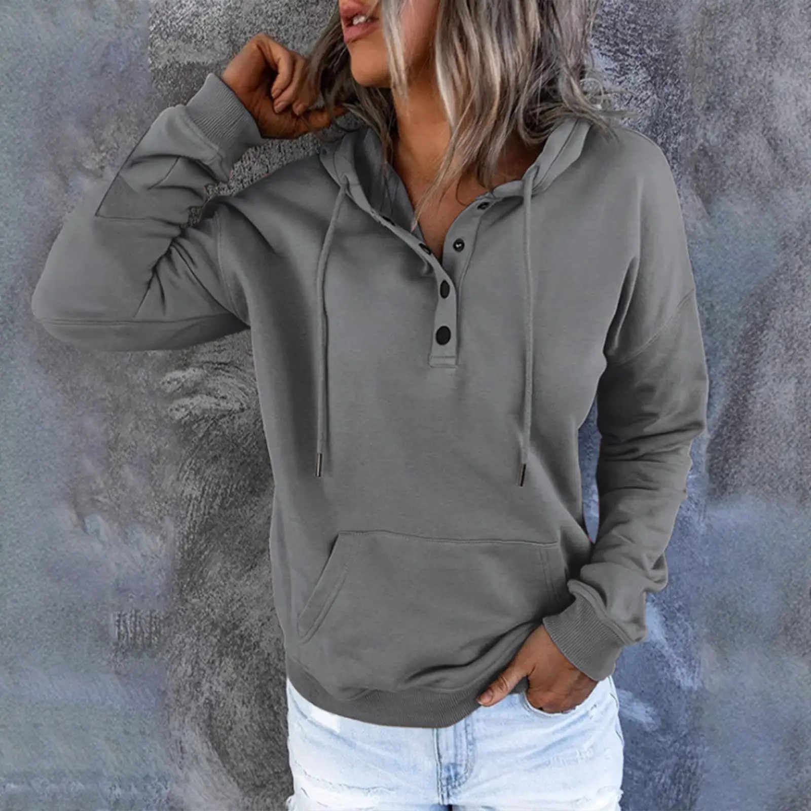 Women's Beige Hooded Pullover Sweater with Drawstring & Buckle