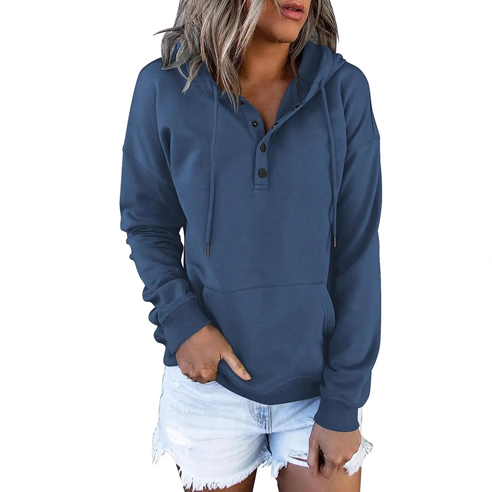 Women's Beige Hooded Pullover Sweater with Drawstring & Buckle